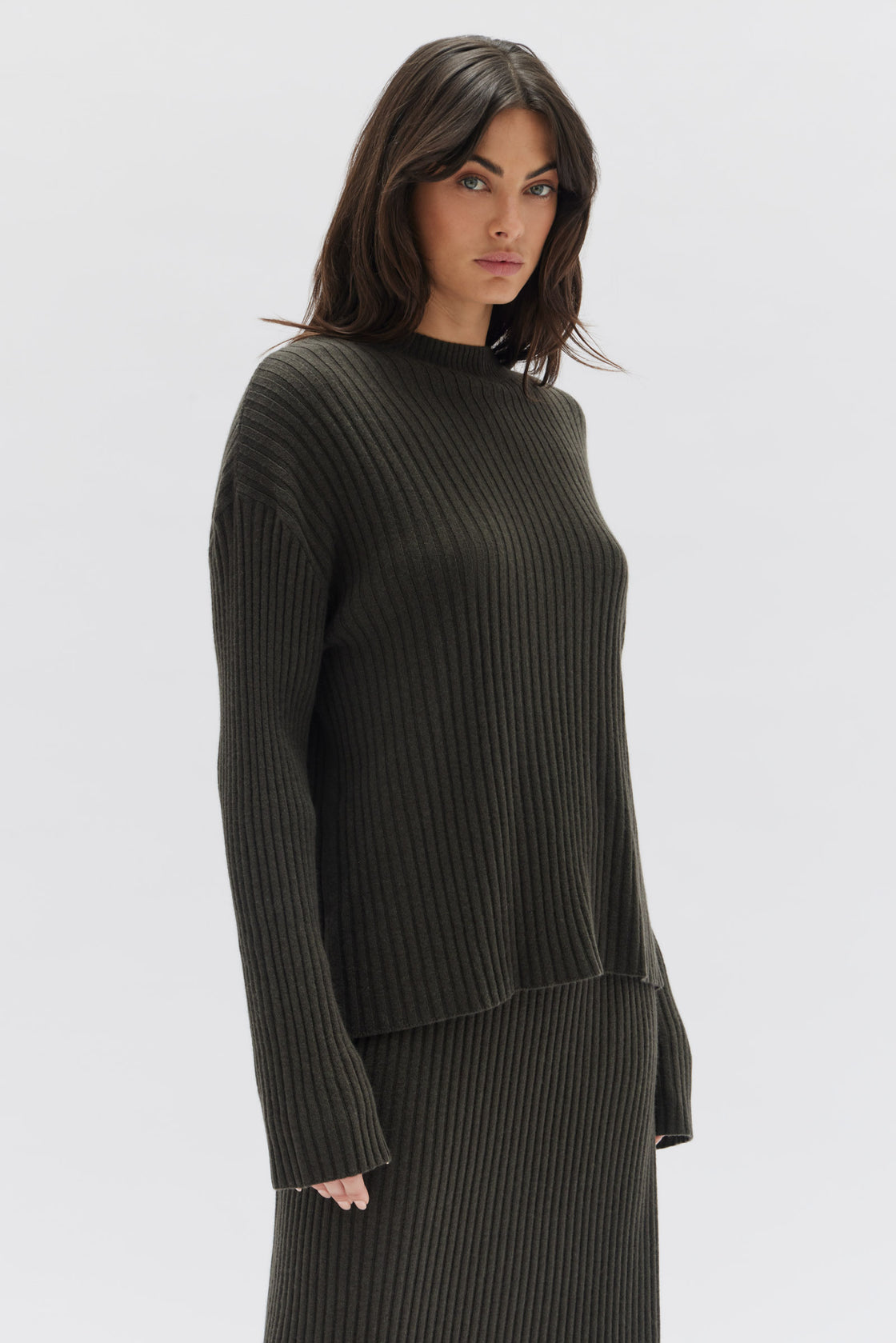 Wool Cashmere Rib Long Sleeve Top - Clove