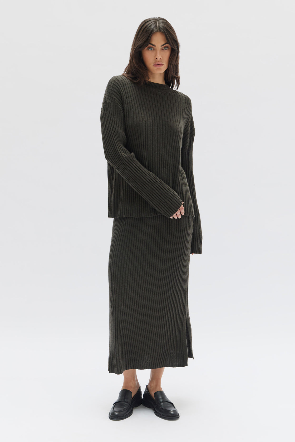 Wool Cashmere Rib Long Sleeve Top - Clove