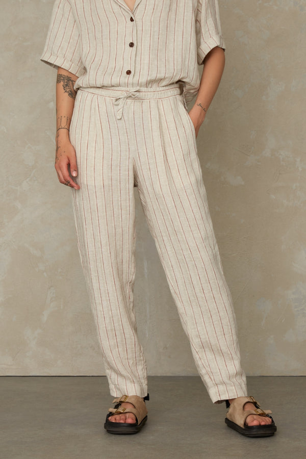 Lourdes Pants - Linen Stripe Red