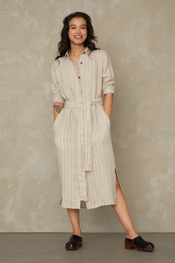 Maggy Dress - Linen Stripe Red