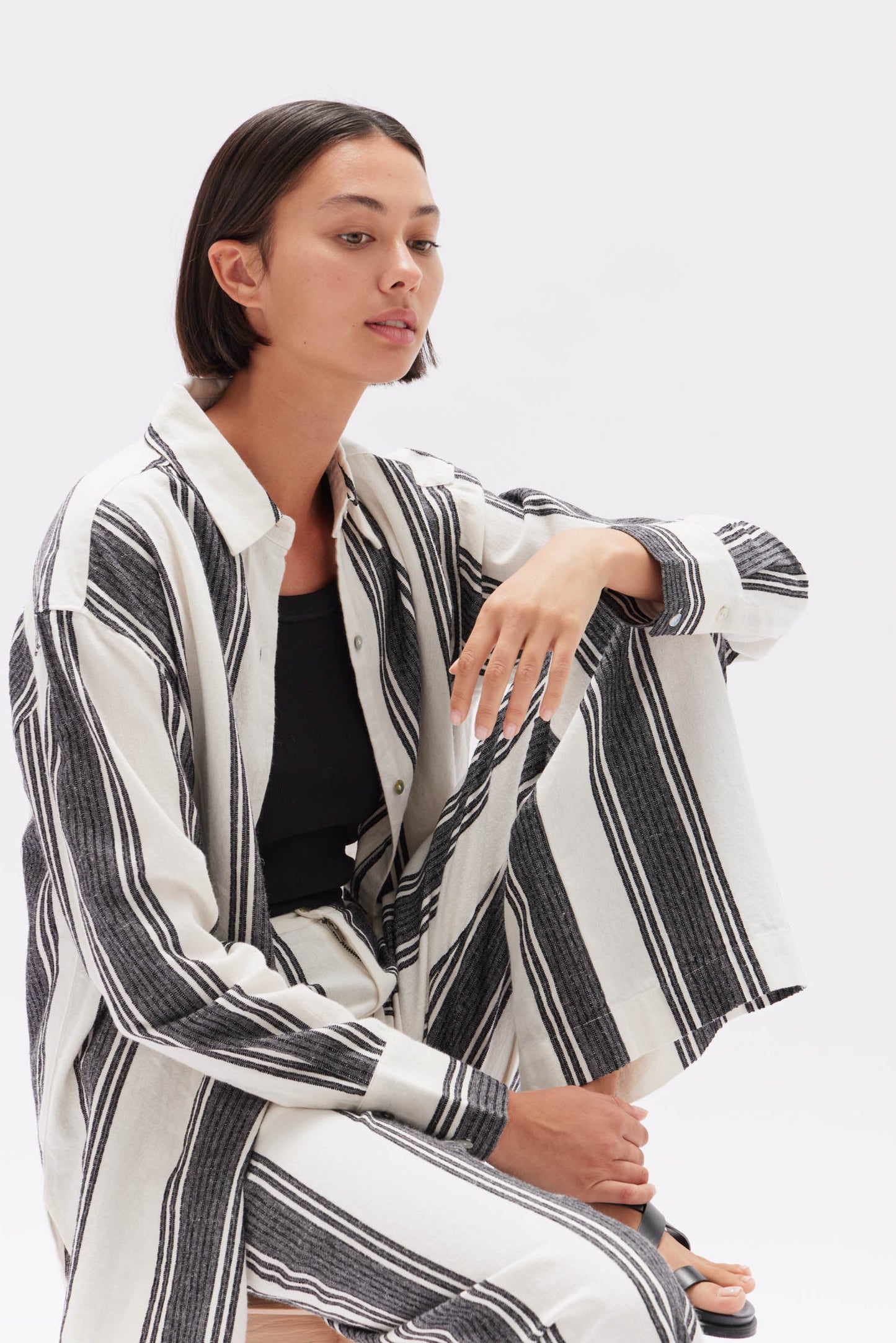 Tuscany Linen Stripe Long Sleeve Shirt - Black / White