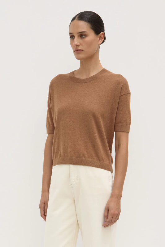 Vanya Cotton Cashmere Boxy Knit Tee - Bronze