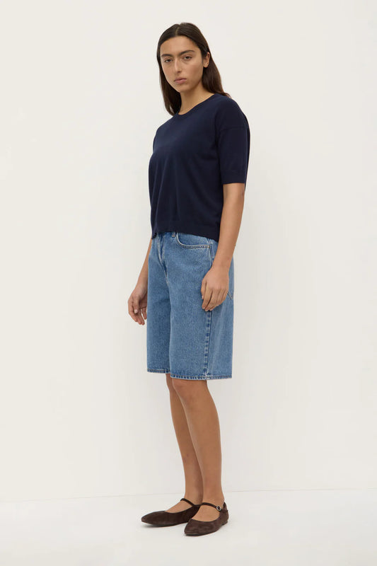 Vanya Cotton Cashmere Boxy Knit Tee - True Navy