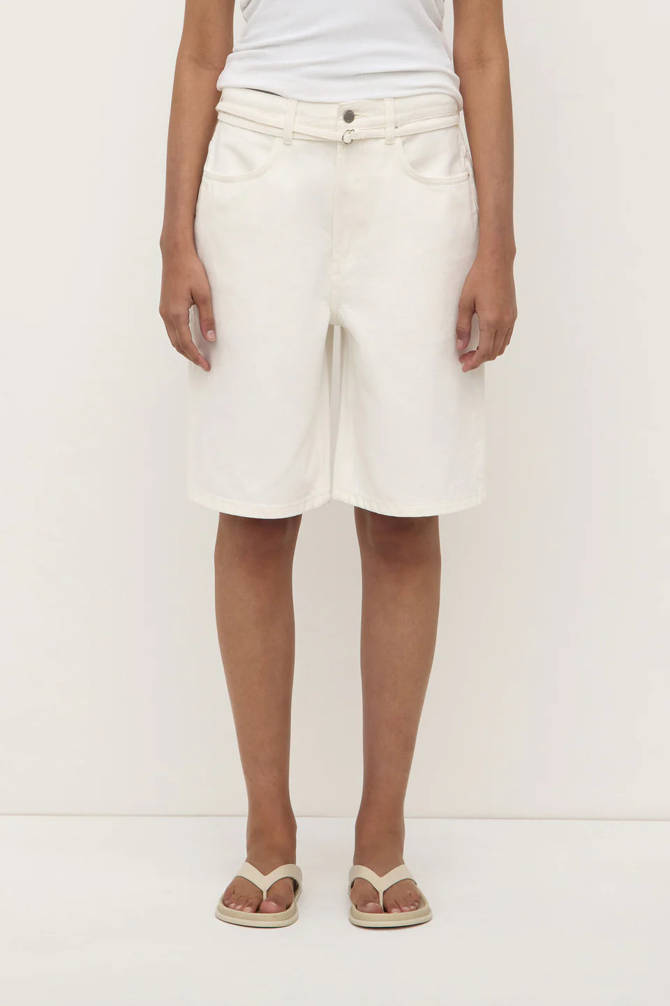 Loose Fit Long Denim Short - Vintage White