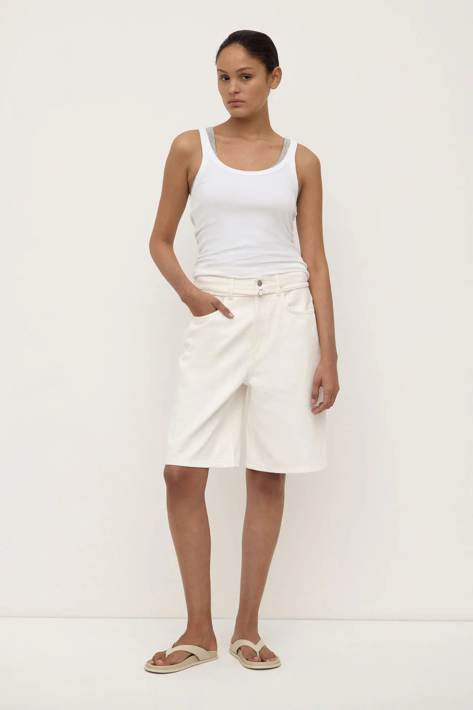 Loose Fit Long Denim Short - Vintage White