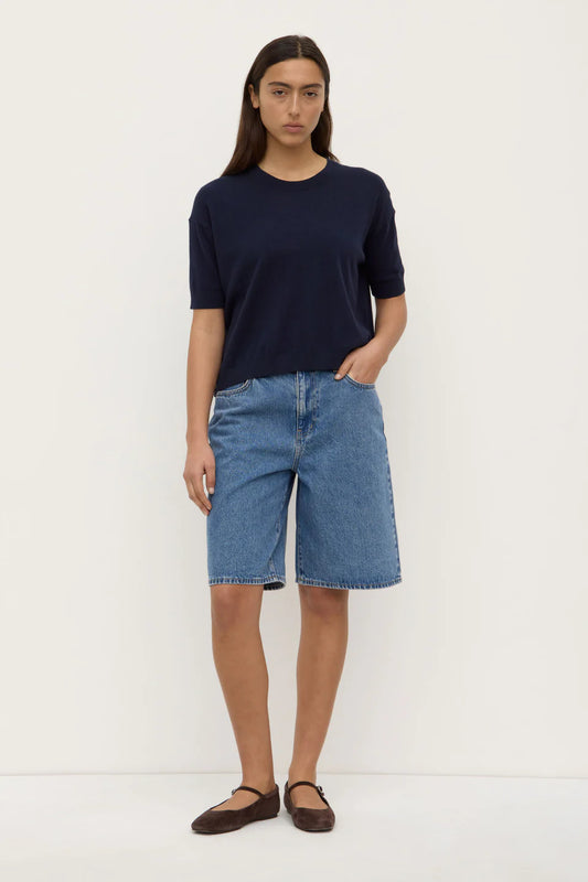Vanya Cotton Cashmere Boxy Knit Tee - True Navy
