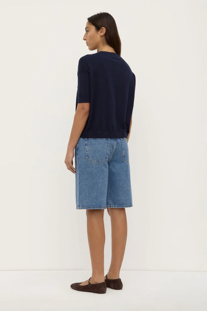 Vanya Cotton Cashmere Boxy Knit Tee - True Navy