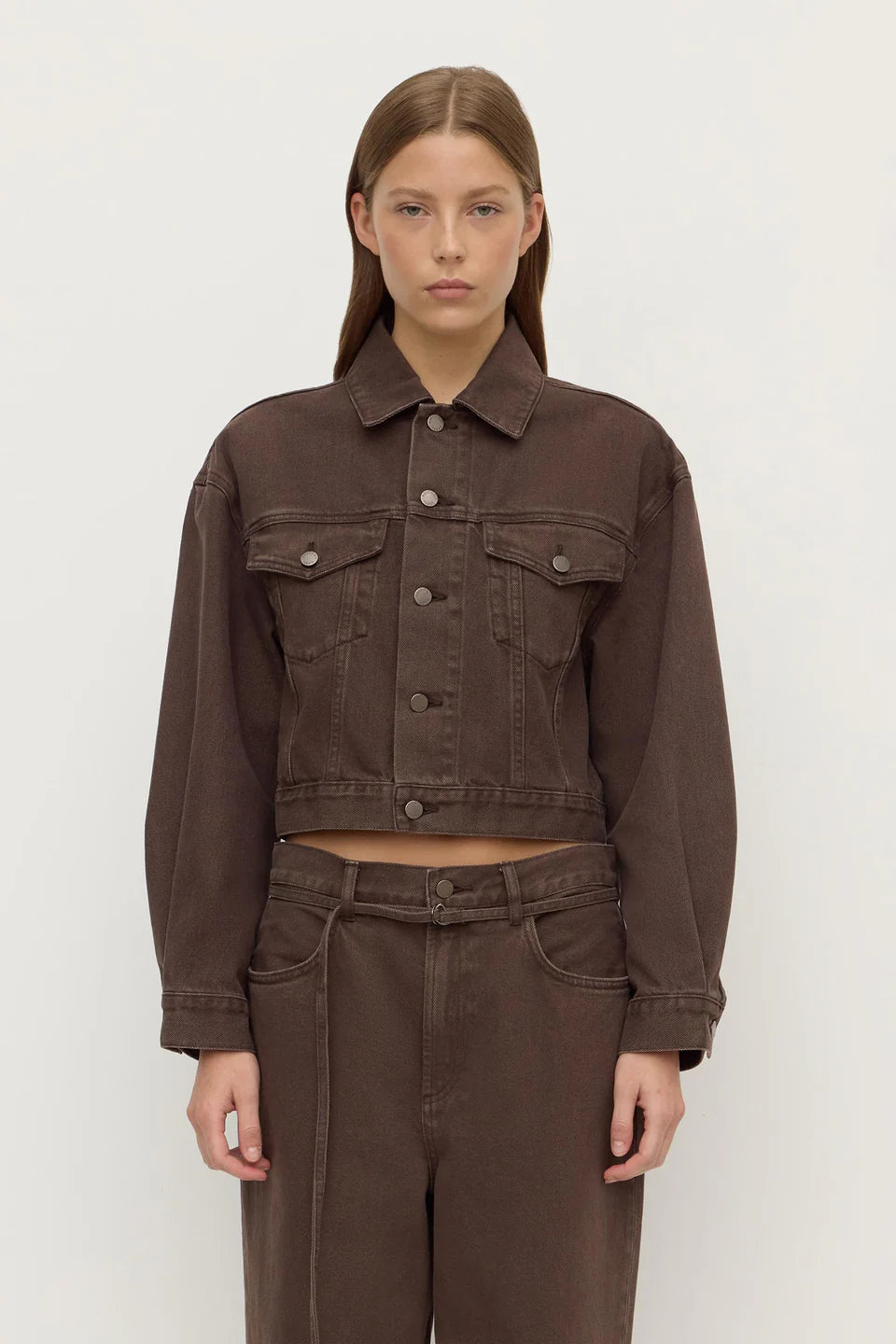 Womens Cropped Denim Jacket - Dark Ganache