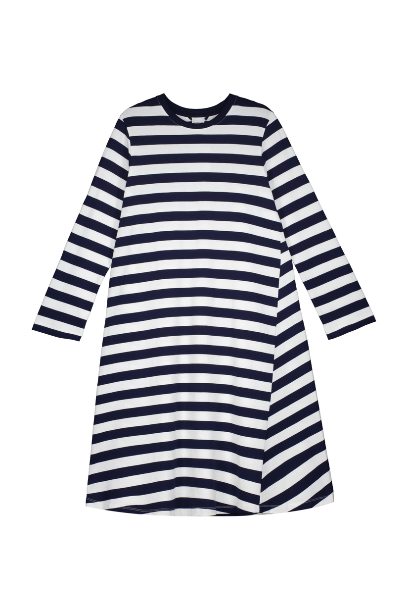 Long Sleeve A Line Dress- Navy White Stripe