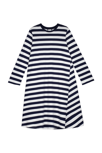 Long Sleeve A Line Dress- Navy White Stripe