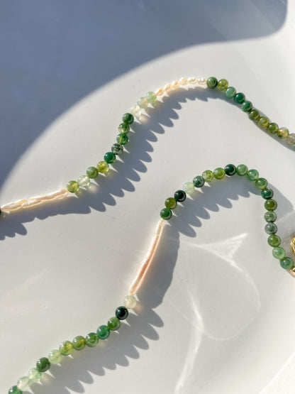 Linear Green Moss Agate Pearl Necklace